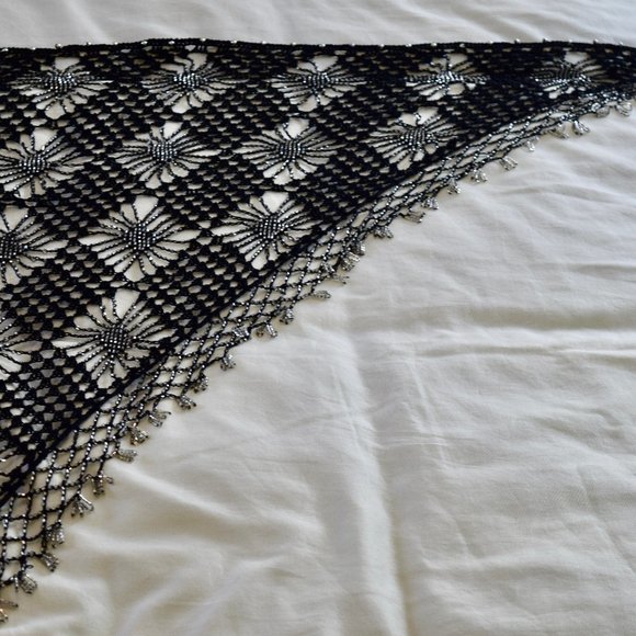 Vintage Black and Silver Beaded Shawl - Picture 3 of 7